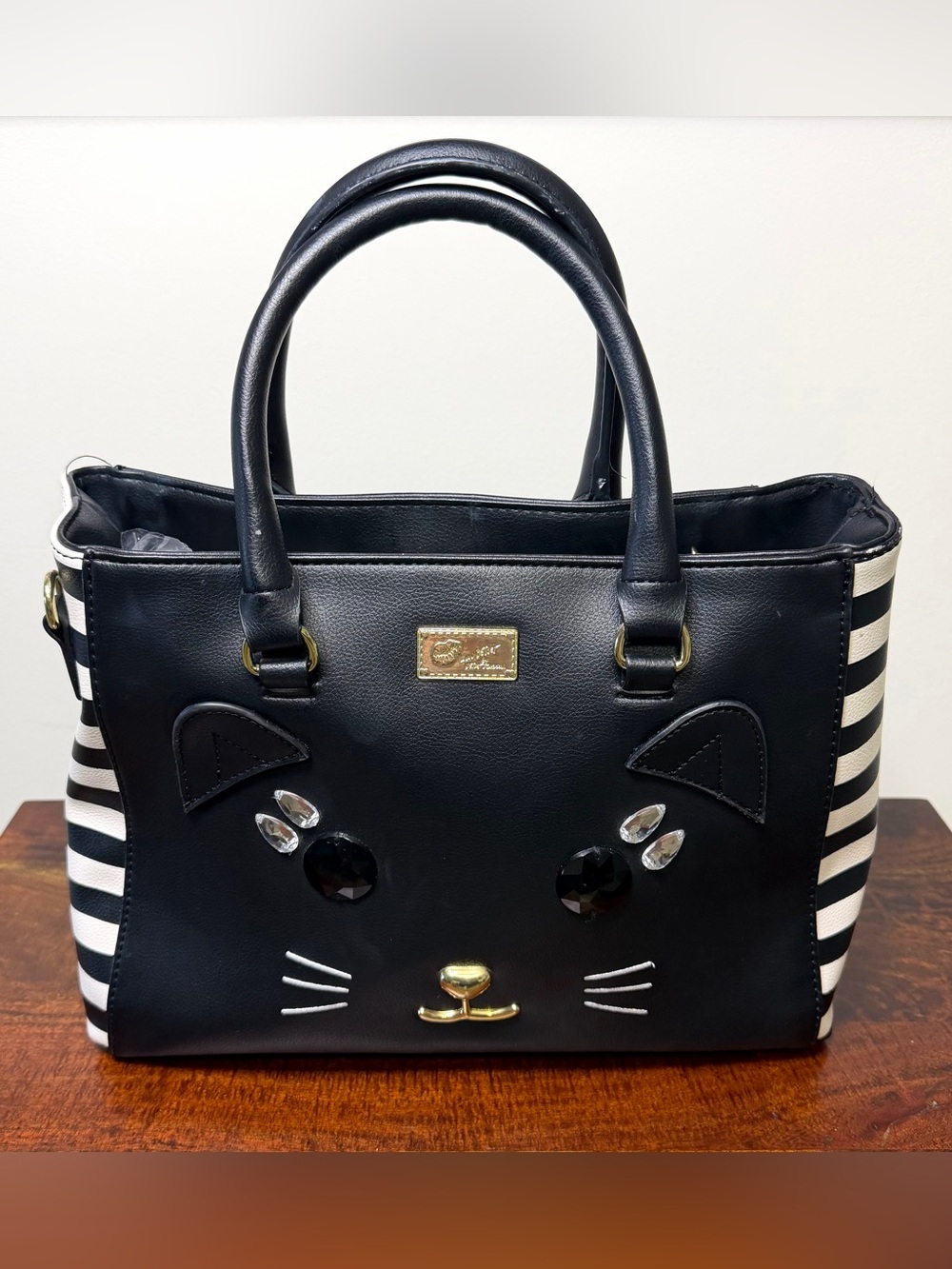 Luv Betsey by Betsey Johnson Black Cat Satchel Handbag with Stripe Sides